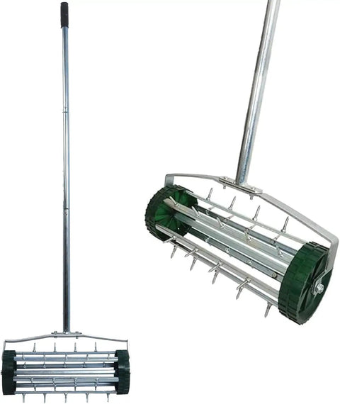 Heavy Duty Rolling Lawn Aerator with 1.4 Inch Spikes and 57 Inch Steel Handle, Push Spike Aerator for Compacted Soil, Garden Lawn Care Tool