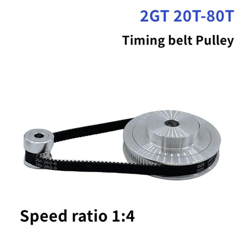 Game Changer 2GT Timing Pulley Kit Drops Speed 4 To 1 For Raw Torque Smooth Moves On 3D Printer Setup Fits Matched 20 And 80 Tooth Gear Set For 6 And 10 Mm Timing Belts Keeps It Rock Solid For Heavy Duty Engraving Jobs Everyday. 2GT 20T-80T timing belt pulley set, 1:4 ratio, aluminum, for 3D printer or CNC