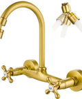 Wall Mount Kitchen Faucet With Sprayer, 360 Degree Swivel Spout, Double Cross Handles, 8 Inch Center, Antique Brass Commercial Mixer Tap, Solid Brass Construction, 1.8 GPM