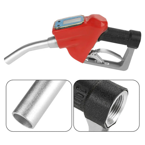 Digital Gasoline Nozzle Flow Meter For Precise Fuel Transfer At Gas Stations And Factories Accurate Measurement With Four Units Liters Gallons Pints Quarts Easy Gun Style Oil Pump Gauge For Quick Readouts red nozzle with digital display and metal spout