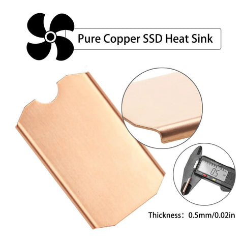 Pure Copper M.2 2242 SSD Heatsink Cooling Kit for NVMe Drive showcases 0.5mm slim copper plate with measurements.