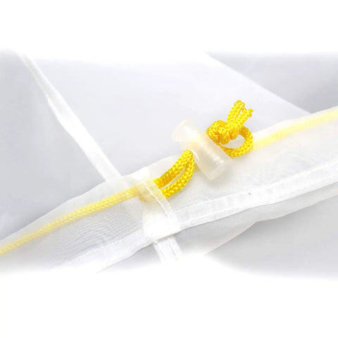Close-up of yellow drawstring on All Mesh 5 Gallon Plant Filter Bags Set Reusable Bubble Filtration Bags for hydroponics.