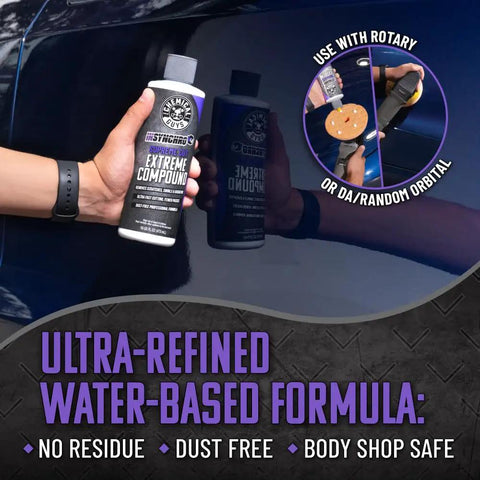 Person holding Insynchro Supreme Extreme Compound Ultra Heavy Cut For Deep Scratches, Swirls, And Severe Oxidation with car reflection