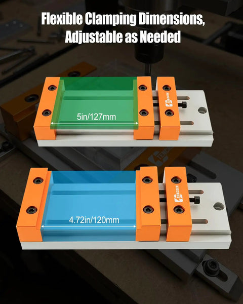 Low Profile Mini Vise Clamp For CNC Router Machines, Beefy Aluminum, Precision CNC Machined For Flat Surfaces, Ultra Slim Design Keeps Toolpaths Clear And Grips Solid On Milling Projects., adjustable 5in/127mm and 4.72in/120mm clamping size