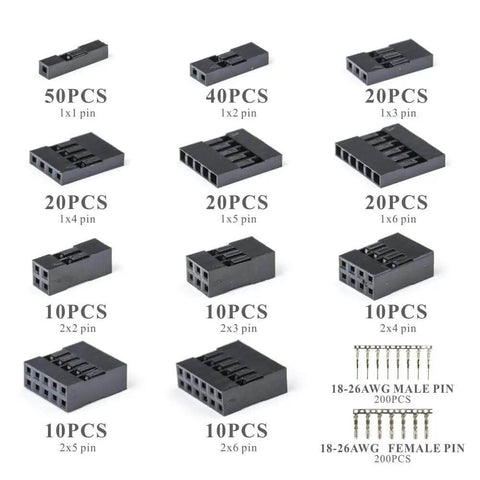 Dupont Connector Kit 2.54mm Pitch Single Row Male Headers With Crimp Pins variably sized shown with quantity for 3D printers
