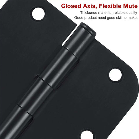 Close-up of Rounded Matte Black Door Hinges Set Three And A Half Inch Five Eighths Inch Radius, showing hinge axis details