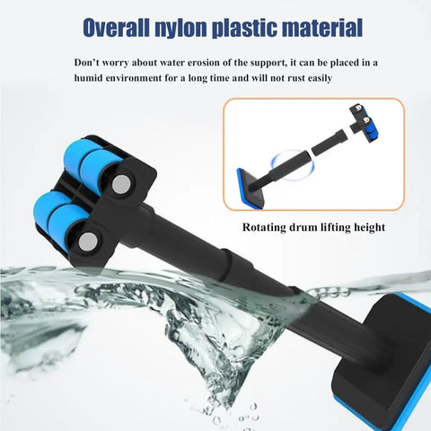 Heavy Duty Furniture Lifters With Smooth Glide Rollers, Adjustable Height Brackets For Hassle Free Cabinet And Kitchen Setup, Pro Labor Saving Tool That Moves Heavy Loads Without The Sweat in nylon plastic material, with blue rollers.