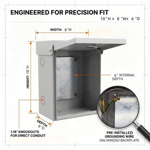 Built Tough Heavy Duty Galvanized Steel Electrical Junction Box Nema 3r Outdoor Enclosure 10 By 8 By 6 Inch with internal measurements and grounding wire.