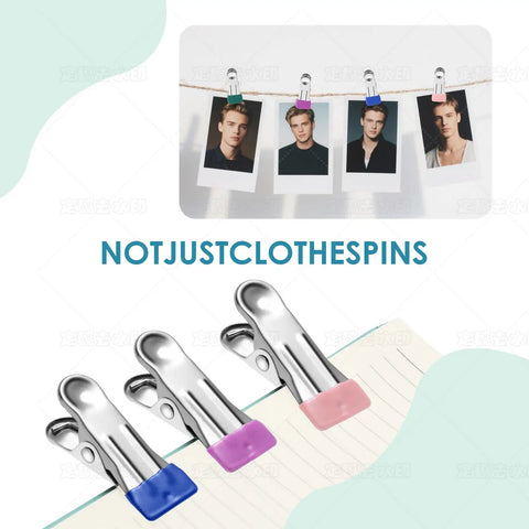 Hefty Grip Stainless Steel Clothes Pins, 36 Pack Rust Resistant Clip Set For Laundry And Pantry Organization with colored rubber tips.