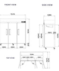 Hella Spacious Three Door Reach In Refrigerator Loaded With Seventy Two Cubic Feet Of Chilling Capacity For Commercial Kitchens, dimensional views shown.
