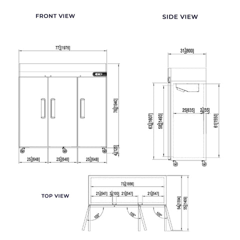 Hella Spacious Three Door Reach In Refrigerator Loaded With Seventy Two Cubic Feet Of Chilling Capacity For Commercial Kitchens, dimensional views shown.