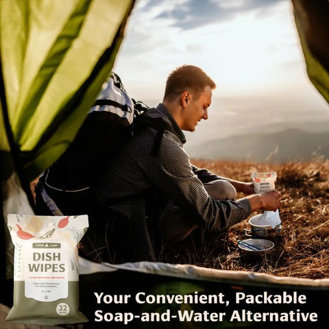 Hiker using Rinse Free Dish Wipes For Camp Kitchens That Are Biodegradable And Pre Moistened With Food Safe Formula Perfect For Quick Cleanup
