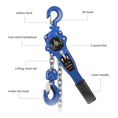 Lever Chain Hoist 3300 Lbs Capacity, 20 Ft Lift, One And A Half Ton Manual Ratchet Chain Puller With G80 Galvanized Chain And Portable Hooks