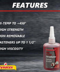 Red Hi Temp Threadlocker 1.22 Oz Bottle For Locking Bolts Up To 450 F Medium High Strength Anaerobic Adhesive Extreme Heat And Chemical Resistant 4 Pack, features listed on packaging.