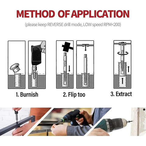 Grab This Ultimate 22 Piece Damaged Screw Extractor Drill Bit Set To Bust Those Stripped Screws Like A Pro And Fix Rusty Bolts Fast With High Hardness Durability That Slams Straight Through Jagged Messes Every Single Time. application steps for damaged screw extractor kit with drill and reverse mode