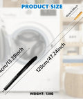 Extra Long 47.2 Inch Dryer Lint Brush Vent Cleaner Tool with wood handle and flexible bristles, shown next to dryer