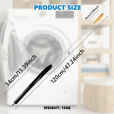 Extra Long 47.2 Inch Dryer Lint Brush Vent Cleaner Tool with wood handle and flexible bristles, shown next to dryer