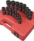 Half Inch Drive SAE Impact Socket Set With 12 Point Universal Sockets 15 Piece on red case, for heavy duty auto repair.
