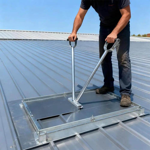 Standing Seam Roofing Hand Seamer for 0.8 to 1 millimeter metal panels in use on a metal roof with 24 inch handle and 6 lb weight.