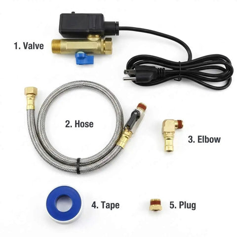 Automatic Timed Condensate Drain Valve Programmable Electric Air Drain components including valve, hose, elbow, tape, and plug.