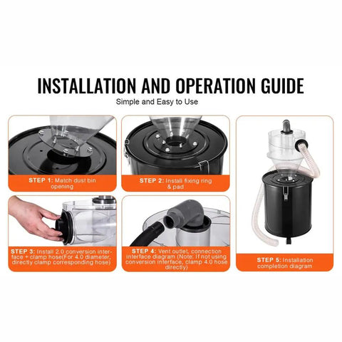 Installation guide for High Capacity Cyclone Dust Separator For 4 Inch Hoses With Clear Abs Housing showing assembly steps.