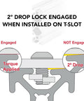 Diagram of 2° drop lock mechanism on 1 Inch By 3 Inch T Slot Aluminum Extrusion Kit for DIY projects, showing engaged and not engaged states.