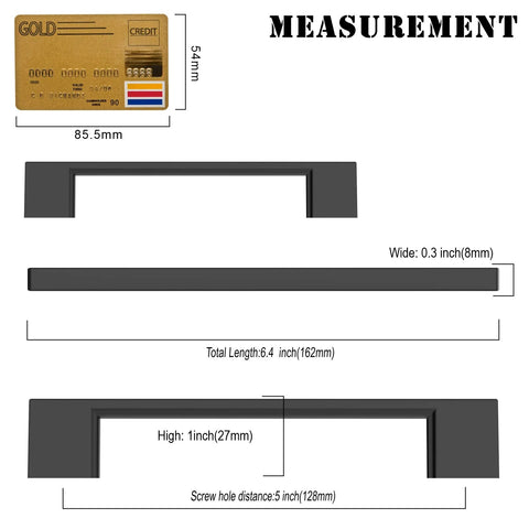 Measurements of 10 Pack Matte Black Cabinet Pulls 5 Inch 128mm Hole Centers Kitchen Cabinet Handles For Cabinets Cupboard Drawers Hardware ZH0060