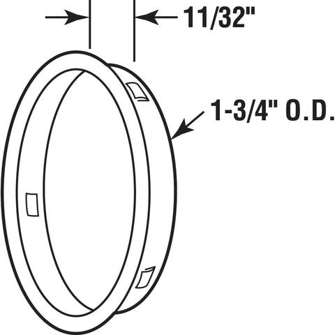 Diagram of Solid Brass Satin Nickel Door Finger Pull dimensions, showing 1-3/4" outer diameter and 11/32" recess depth.