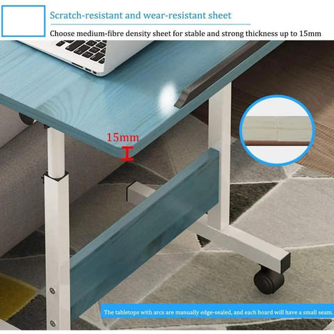 Mobile Workstation Lap Desk With Height Adjustable Wheels And Non Slip Bezel Edge Rolling Computer Table For Breakfast In Bed edge details and 15mm thickness shown