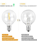Comparison of 25 Ft Outdoor String Lights With 27 Dimmable G40 LED Bulbs vs traditional incandescent bulbs.