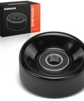 A-Premium belt idler pulley, black metal with silver bearing, front view beside box.