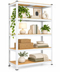 Heavy Duty Five Tier Garage Storage Rack With Reinforced Galvanized Steel Frame And Thick MDF Shelves stylishly displaying decor items.