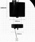 Motorized chandelier hoist lifter parts showing size dimensions, featuring safety stop, for high ceilings effective use.