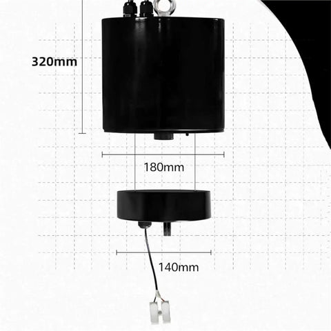 Motorized chandelier hoist lifter parts showing size dimensions, featuring safety stop, for high ceilings effective use.