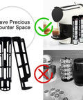 Side Mount K Cup Coffee Pod Holder For Keurig Two Pack Black Slim Organizer That Fits Ten Pods Easy Install With 3M Adhesive Pads Great Space Saver For Small Counters shown on a kitchen counter next to a coffee machine.