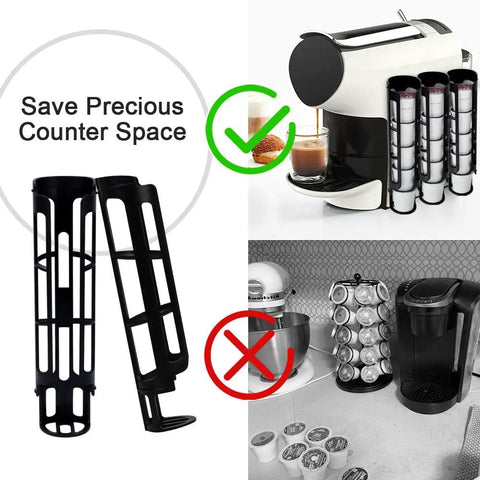 Side Mount K Cup Coffee Pod Holder For Keurig Two Pack Black Slim Organizer That Fits Ten Pods Easy Install With 3M Adhesive Pads Great Space Saver For Small Counters shown on a kitchen counter next to a coffee machine.
