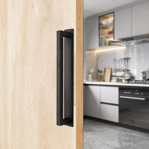 Barn Door Handle 12-Inch Heavy Duty Sliding Door Pull, Modern Farmhouse Flush Long Base Hardware installed on wooden door, kitchen in background