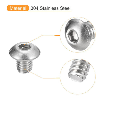 Top Shelf Bulletproof 304 Stainless Steel Button Head Socket Screws With Full Thread Hex Drive showing close-up of button head and threads.