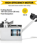 High-Precision Fully Automatic Heat Shrink Tube Cutter Machine With Micro Computer Control showing 350W motor and cutting speed of 100-120 cuts/min.