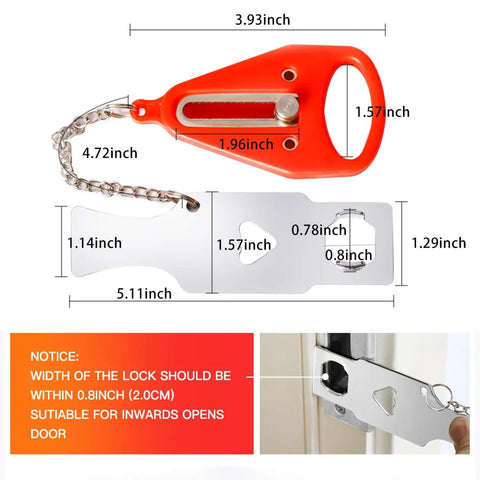 Portable Travel Door Lock No Drill Install Easy To Use For Airbnb And Hotel Rooms Privacy And Extra Safety Solid Removable Door Jammer Latch showing size and installation details