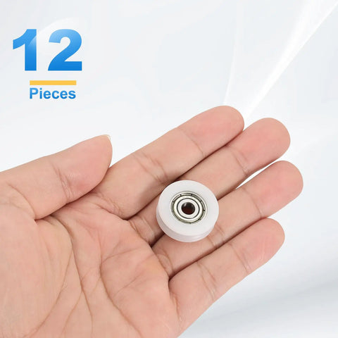 Top Shelf Nylon U Type Groove Bearings Features Twelve White Rollers Designed For Flat Out Smooth Gliding Motion On Heavy Duty Retractable Slides And Jigs, held in a hand.