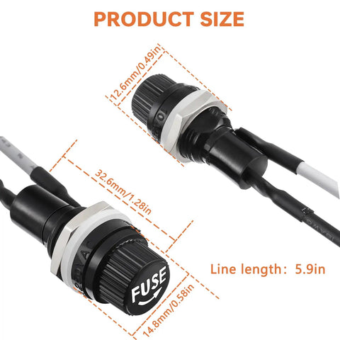 Plug And Go Pre Soldered Wire Panel Mount Fuse Holder With Atc Blade Fuses Ac 250v Waterproof Switch dimensions and wiring details.