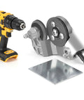 Drill Nibbler Sheet Metal Cutter With Titanium Steel Gears For Fast Cutting Action, attached to a drill with a metal sheet.