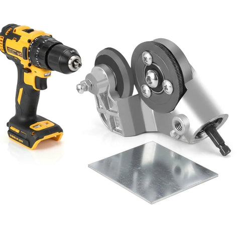 Drill Nibbler Sheet Metal Cutter With Titanium Steel Gears For Fast Cutting Action, attached to a drill with a metal sheet.