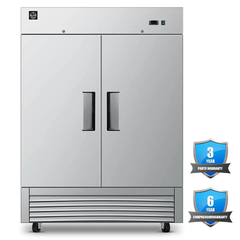 Heavy Duty Commercial Reach In Freezer, Two Door Stainless Steel Bottom Mount Upright Unit, front view with digital control panel.