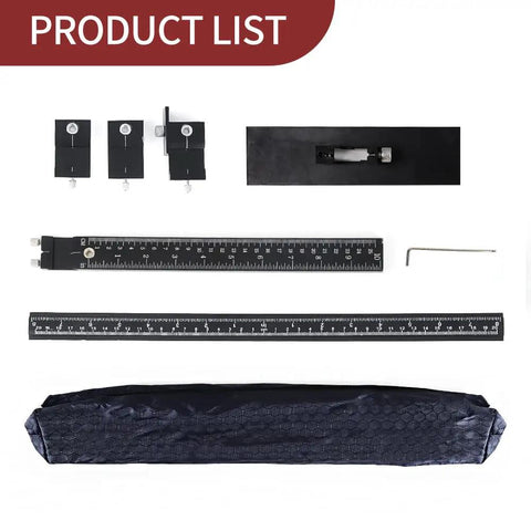Product list of All Aluminum Cabinet Hardware Jig For Precise Drilling And Alignment, including rulers and drill sleeve guide.