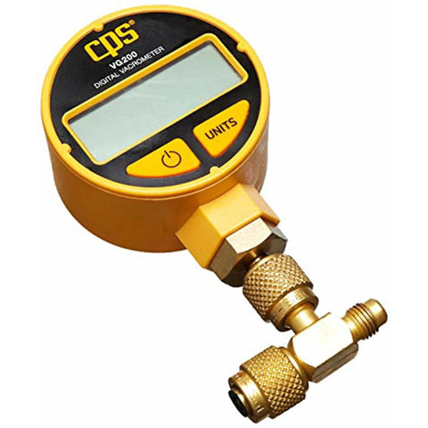 CPS VG200 digital vacuum gauge with LCD display; yellow housing, two-button control, T-fitting and hook