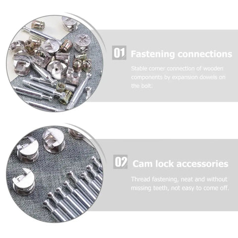 Pro Grade Cam Lock Fittings Set 24 Piece Silver Hardware Kit for Cabinet and Furniture Assembly components displayed