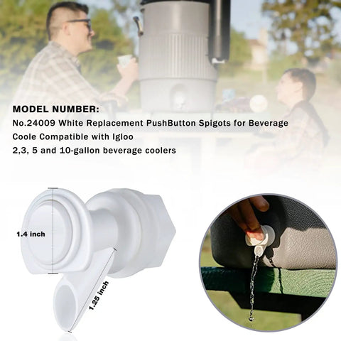 Push Button Cooler Spigot Replacement 3 Pack White For 2 To 10 Gallon Beverage Coolers in use at outdoor setting