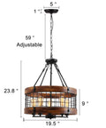 Farmhouse Chandelier For Dining Room And Kitchen Island, 5 Light Rustic Round Wood And Metal Lighting Fixture, dimensions shown